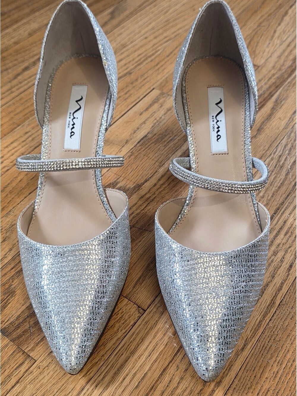 Nina Size 9 Bristol Silver Glitter Mesh With Crystal Band Mid-Heel Dorsay Pumps